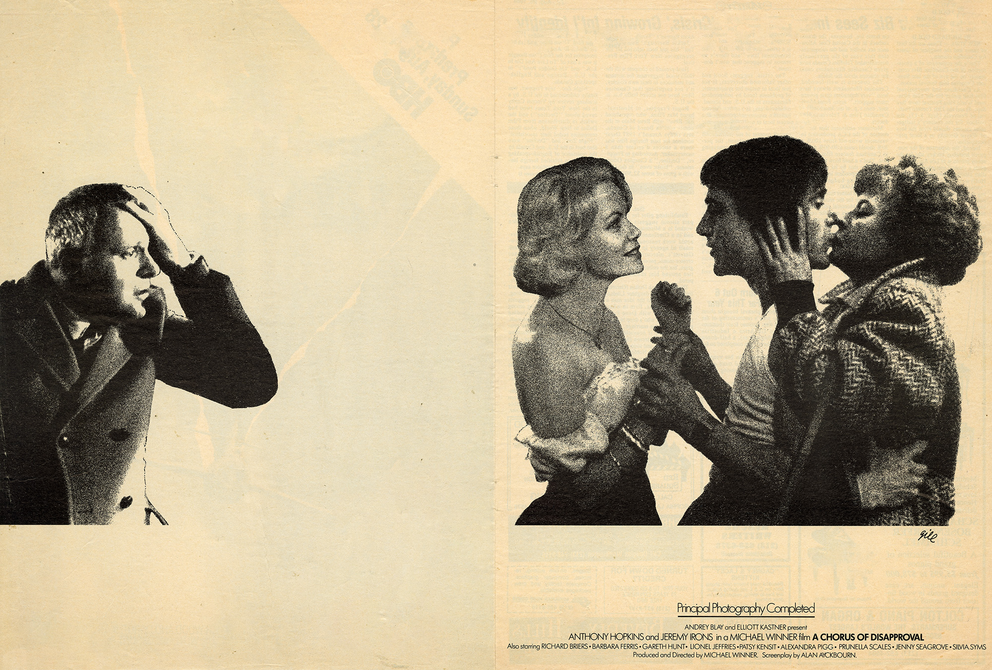 Collaged photo of man turning two ways, each way he is with a different woman. Across the page another many places a hand on his forehead and watches in disbelief.